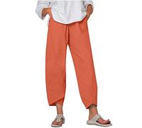 HAOLEI Linen Trousers Womens UK Petite Capri Pants Casual Loose Summer Boho Plain Cropped Trousers Stretchy Elastic Waist Lounge Summer Beach Yoga Pants Ladies 3/4 Length Trousers with Pockets