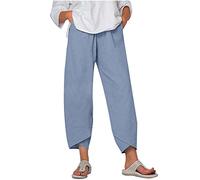 HAOLEI Linen Trousers Womens UK Plus Size,Capri Pants Casual Loose Summer Boho Plain Cropped Trousers Stretchy Elastic Waist Lounge Summer Beach Yoga Pants Ladies 3/4 Length Trousers with Pockets
