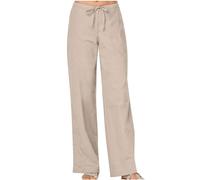 HAOLEI Linen Trousers Womens UK Sale Clearance Casual Smart Palazzo Pants Elasticated Waist Loose Fit Plain Cotton Linen Straight Leg Work Going Out Beach Pants with Pockets Size 8-18 Khaki