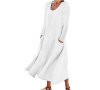 HAOLEI Long Sleeve Maxi Dress for Women UK Clearance, Womens Cotton Linen Long Dress with Pockets Round Neck Long Sleeve Maxi Dresses Loose Oversized Plain Dress Holiday Beach Party Dresses White