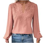 HAOLEI Long Sleeve Tops for Women UK Elegant Petite Lace V Neck Blouse Shirts Plain Swiss Dot Tunic Tops Dressy Casual Outfits Work Y2K Clothes Going Out Tops Ladies Sale Clearance Size 8-16 Pink