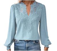 HAOLEI Long Sleeve Tops for Women UK Elegant Petite Lace V Neck Blouse Shirts Plain Swiss Dot Tunic Tops Dressy Casual Outfits Work Y2K Clothes Going Out Tops Ladies Clearance Size 8-16 Light Blue
