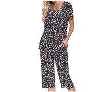 HAOLEI Lounge Wear Sets for Women UK Clearance,Summer Floral Print Pjs Set,Plain Pajamas Set,Ladies Loungewear Short Sleeve Pyjamas Square Neck Top and Elastic Waist Capri Trousers with Pockets