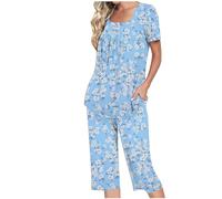 HAOLEI Lounge Wear Sets for Women UK Clearance,Summer Floral Print Pjs Set,Plain Pajamas Set,Ladies Loungewear Short Sleeve Pyjamas Square Neck Top and Elastic Waist Capri Trousers with Pockets