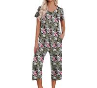 HAOLEI Lounge Wear Sets for Women UK Sale Clearance,Summer Shorts Pjs Set,Plain Pajamas Set,Ladies Loungewear Short Sleeved Pyjamas V Neck Button Shirt and Elastic Capri Trousers with Pockets