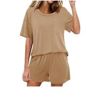 HAOLEI Lounge Wear Sets for Women UK Shorts Summer Pjs Set,Plain Pajamas Set,Ladies Loungewear Short Sleeved Homewear Sleepwear Pyjamas Crew Neck Tops and Elastic Shorts 2 Piece Coord Outfit Prime