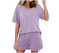HAOLEI Lounge Wear Sets for Women UK Shorts Summer Pjs Set,Plain Pajamas Set,Ladies Loungewear Short Sleeved Homewear Sleepwear Pyjamas Crew Neck Tops and Elastic Shorts 2 Piece Coord Outfit