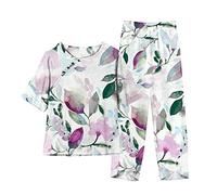 HAOLEI Loungewear Sets for Women UK,Ladies 2 Pieces Outfit Summer Linen Co Ord Set Shirt Top + Elastic Waist Capri Trousers Floral Printed Tracksuits Full Set Short Sleeve Two Piece Outfits