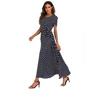 HAOLEI Maxi Dresses for UK Polka Dot Short Sleeve Dresses with Belt Evening Party Holiday Elegant Ladies Wedding Guest Dress Beach Boho Hawaiian Dress Sundress Long Dresses, Navy, XL