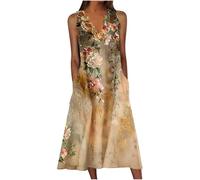HAOLEI Maxi Dresses for Women UK Plus Size,Ladies Floral Summer Dresses with Pockets Elegant Sleeveless Vintage Print Casual Loose Beach Long Dresses V Neck Bohemian Holiday Shirt Dresses S-5XL