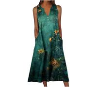 HAOLEI Maxi Dresses for Women UK Plus Size,Ladies Floral Summer Dresses with Pockets Elegant Sleeveless Vintage Print Casual Loose Beach Long Dresses V Neck Bohemian Holiday Shirt Dresses S-5XL
