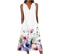 HAOLEI Maxi Dresses for Women UK Plus Size,Ladies Floral Summer Dresses with Pockets Elegant Sleeveless Vintage Print Casual Loose Beach Long Dresses V Neck Bohemian Holiday Shirt Dresses S-5XL