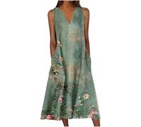 HAOLEI Maxi Dresses for Women UK Plus Size,Ladies Floral Summer Dresses with Pockets Sale Elegant Sleeveless Vintage Print Casual Loose Beach Long Dresses V Neck Bohemian Holiday Shirt Dresses S-5XL