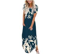 HAOLEI Maxi Dresses for Women UK Sale Clearance,Ladies Summer Dresses Elegant Short Sleeve Shirt Dresses Printed Loose Beach Long Dresses Crew Neck Bohemian Holiday Tunic Dress with Pockets