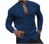 HAOLEI Mens Cotton Linen Shirts Long Sleeve UK Clearance Solid Color Lightweight Summer Grandad Shirt Breathable Stand Collar Button Down Tops Regular Fit Plain Beach Shirts S-3XL Blue