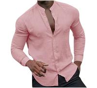 HAOLEI Mens Cotton Linen Shirts Long Sleeve UK Sale Clearance Solid Color Lightweight Summer Grandad Shirt Breathable Stand Collar Button Down Tops Regular Fit Plain Beach Shirts S-3XL Pink
