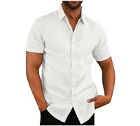 HAOLEI Mens Cotton Linen Shirts Short Sleeve Sale Clearance Regular Fit Summer Beach Shirt Button Down Plain Dress Shirts Solid Color Casual Shirt Lightweight Turn-Down Collar Tops Size 8-18 White