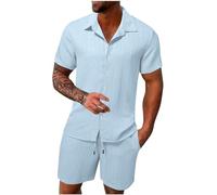 HAOLEI Mens Cotton Linen Shorts and Shirt Sets UK Clearance Tracksuit Set Summer Co Ord Sets Short Sleeve Button Down Shirts & Shorts with Pockets 2 Piece Outfits Vacation Beach Wedding Suits