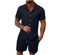 HAOLEI Mens Cotton Linen Shorts and Shirt Sets UK Clearance Tracksuit Set Summer Co Ord Sets Short Sleeve Button Down Shirts & Shorts with Pockets 2 Piece Outfits Vacation Beach Wedding Suits