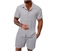 HAOLEI Mens Cotton Linen Shorts and Shirt Sets UK Clearance Tracksuit Set Summer Co Ord Sets Short Sleeve Button Down Shirts & Shorts with Pockets 2 Piece Outfits Vacation Beach Wedding Suits