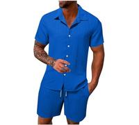 HAOLEI Mens Cotton Linen Shorts and Shirt Sets UK Clearance Tracksuit Set Summer Co Ord Sets Short Sleeve Button Down Shirts & Shorts with Pockets 2 Piece Outfits Vacation Beach Wedding Suits