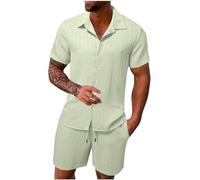 HAOLEI Mens Cotton Linen Shorts and Shirt Sets UK Clearance Tracksuit Set Summer Co Ord Sets Short Sleeve Button Down Shirts & Shorts with Pockets 2 Piece Outfits Vacation Beach Wedding Suits