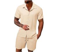 HAOLEI Mens Cotton Linen Shorts and Shirt Sets UK Clearance Tracksuit Set Summer Co Ord Sets Short Sleeve Button Down Shirts & Shorts with Pockets 2 Piece Outfits Vacation Beach Wedding Suits