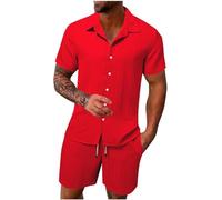 HAOLEI Mens Cotton Linen Shorts and Shirt Sets UK Clearance Tracksuit Set Summer Co Ord Sets Short Sleeve Button Down Shirts & Shorts with Pockets 2 Piece Outfits Vacation Beach Wedding Suits