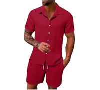 HAOLEI Mens Cotton Linen Shorts and Shirt Sets UK Sale Clearance Tracksuit Set Summer Co Ord Sets Short Sleeve Button Down Shirts & Shorts with Pockets 2 Piece Outfits Vacation Beach Wedding Suits