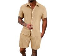HAOLEI Mens Cotton Linen Shorts and Shirt Sets UK Sale Clearance Tracksuit Set Summer Co Ord Sets Short Sleeve Button Down Shirts & Shorts with Pockets 2 Piece Outfits Vacation Beach Wedding Suits