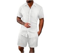 HAOLEI Mens Cotton Linen Shorts and Shirt Sets UK Sale Clearance Tracksuit Set Summer Co Ord Sets Short Sleeve Button Down Shirts & Shorts with Pockets 2 Piece Outfits Vacation Beach Wedding Suits