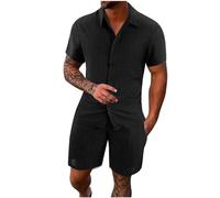 HAOLEI Mens Cotton Linen Shorts and Shirt Sets UK Sale Clearance Tracksuit Set Summer Co Ord Sets Short Sleeve Button Down Shirts & Shorts with Pockets 2 Piece Outfits Vacation Beach Wedding Suits