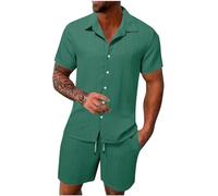 HAOLEI Mens Cotton Linen Shorts and Shirt Sets UK Sale Clearance Tracksuit Set Summer Co Ord Sets Short Sleeve Button Down Shirts & Shorts with Pockets 2 Piece Outfits Vacation Beach Wedding Suits