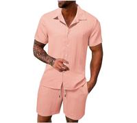 HAOLEI Mens Cotton Linen Shorts and Shirt Sets UK Sale Clearance Tracksuit Set Summer Co Ord Sets Short Sleeve Button Down Shirts & Shorts with Pockets 2 Piece Outfits Vacation Beach Wedding Suits