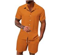 HAOLEI Mens Cotton Linen Shorts and Shirt Sets UK Sale Clearance Tracksuit Set Summer Co Ord Sets Short Sleeve Button Down Shirts & Shorts with Pockets 2 Piece Outfits Vacation Beach Wedding Suits