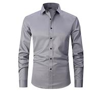 HAOLEI Men's Dress Shirts UK Clearance Long Sleeve Smart Casual Plain Button Shirt Non Iron Solid Turn Down Collar Business Shirts Regular Fit Stretch Wedding Work Office Oxford Formal Shirt Gray