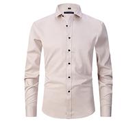 HAOLEI Men's Dress Shirts UK Clearance Long Sleeve Smart Casual Plain Button Shirt Non Iron Solid Turn Down Collar Business Shirts Regular Fit Stretch Wedding Work Office Oxford Formal Shirt Khaki