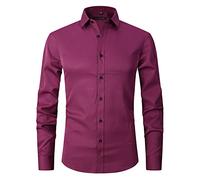 HAOLEI Men's Dress Shirts UK Clearance Long Sleeve Smart Casual Plain Button Shirt Non Iron Solid Turn Down Collar Business Shirts Regular Fit Stretch Wedding Work Office Oxford Formal Shirt Wine