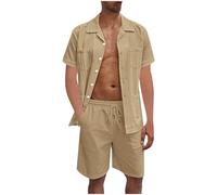 HAOLEI Men's Linen Shirt and Shorts 2 Piece Outfits Sets Clearance Tracksuit Set Casual Holiday Short Sleeve Vacation Beach Suits Summer Plain Button Down Shirts with Pocket & Shorts