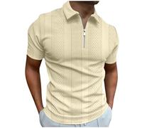 HAOLEI Mens Polos Shirts Short Sleeve UK Clearance Quarter Zip V Neck T Shirts Summer Striped Jacquard Tops Basic Tees Buttons Solid Color Shirts Regular Fit Turn-Down Collar Tshirts Beige