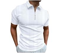 HAOLEI Mens Polos Shirts Short Sleeve UK Sale Clearance Quarter Zip V Neck T Shirts Summer Striped Jacquard Tops Basic Tees Buttons Solid Color Shirts Regular Fit Turn-Down Collar Tshirts White