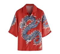 HAOLEI Mens Short Sleeved Shirts UK Sale Clearance Chinese Dragon Print Casual T-Shirt Regular Fit Summer Hawaiian Shirt Lightweight Lapel Collar Tops Button Down Beach Tops with Pocket Red