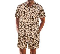 HAOLEI Mens Shorts and Shirt Sets UK Clearance, Mens Tracksuit Set Casual Leopard Printed Short Sleeve Suits 2 Piece Summer Party Button Down Hawaiian Shirts & Shorts Outfits Beachwear