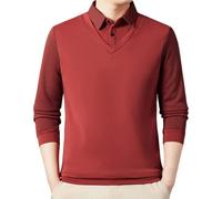 HAOLEI Mens V Neck Jumper with Mock Shirt Collar Striped Thick Thermal Fleece Lined Jumpers Polos Knitwear Casual Pullover Sweater Tops Long Sleeve Knitted Sweater Business Casual Jumper Red