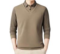 HAOLEI Mens V Neck Jumper with Mock Shirt Collar Striped Thick Thermal Fleece Lined Jumpers Polos Knitwear Casual Pullover Sweater Tops Long Sleeve Knitted Sweater Business Casual Jumper Khaki