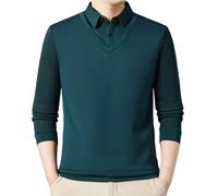 HAOLEI Mens V Neck Jumper with Mock Shirt Collar Striped Thick Thermal Fleece Lined Jumpers Polos Knitwear Casual Pullover Sweater Tops Long Sleeve Knitted Sweater Business Casual Jumper Blue