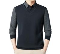 HAOLEI Mens V Neck Jumper with Mock Shirt Collar Striped Thick Thermal Fleece Lined Jumpers Polos Knitwear Casual Pullover Sweater Tops Long Sleeve Knitted Sweater Business Casual Jumper Navy