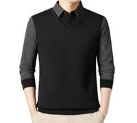 HAOLEI Mens V Neck Jumper with Mock Shirt Collar Striped Thick Thermal Fleece Lined Jumpers Polos Knitwear Casual Pullover Sweater Tops Long Sleeve Knitted Sweater Business Casual Jumper Black