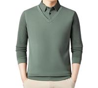 HAOLEI Mens V Neck Jumper with Mock Shirt Collar Striped Thick Thermal Fleece Lined Jumpers Polos Knitwear Casual Pullover Sweater Tops Long Sleeve Knitted Sweater Business Casual Jumper Army Green