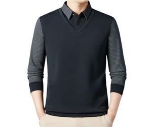 HAOLEI Mens V Neck Jumper with Mock Shirt Collar Striped Thick Thermal Fleece Lined Jumpers Polos Knitwear Casual Pullover Sweater Tops Long Sleeve Knitted Sweater Business Casual Jumper Navy